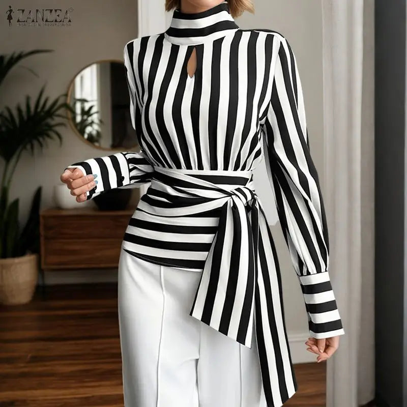 ZANZEA Women Stylish Tie Waist Striped Blouses 2025 Autumn Fashion Long Sleeve Cutout Turtleneck Tops Woman Clothing Streetwear