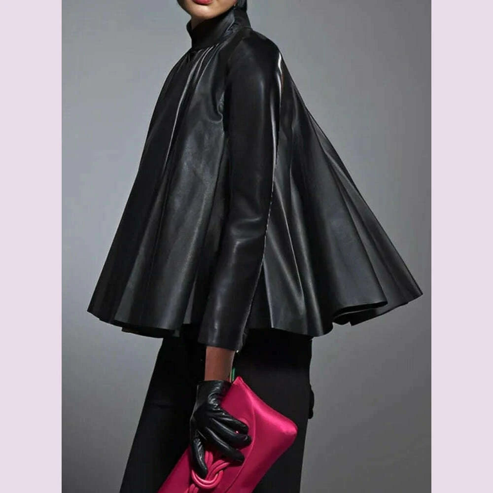 yeezzi-womens-black-faux-leather-stand-collar-tops-2025-new-long-sleeve-fashion-big-hemline-solid-color-pleated-a-line-blouse-kimlud-kimlud-33912212