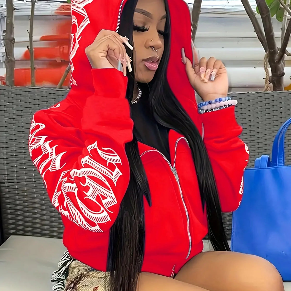 Hoodie Sweatshirt – Letter Print Zip Up – Polyester Spandex | KIMLUD