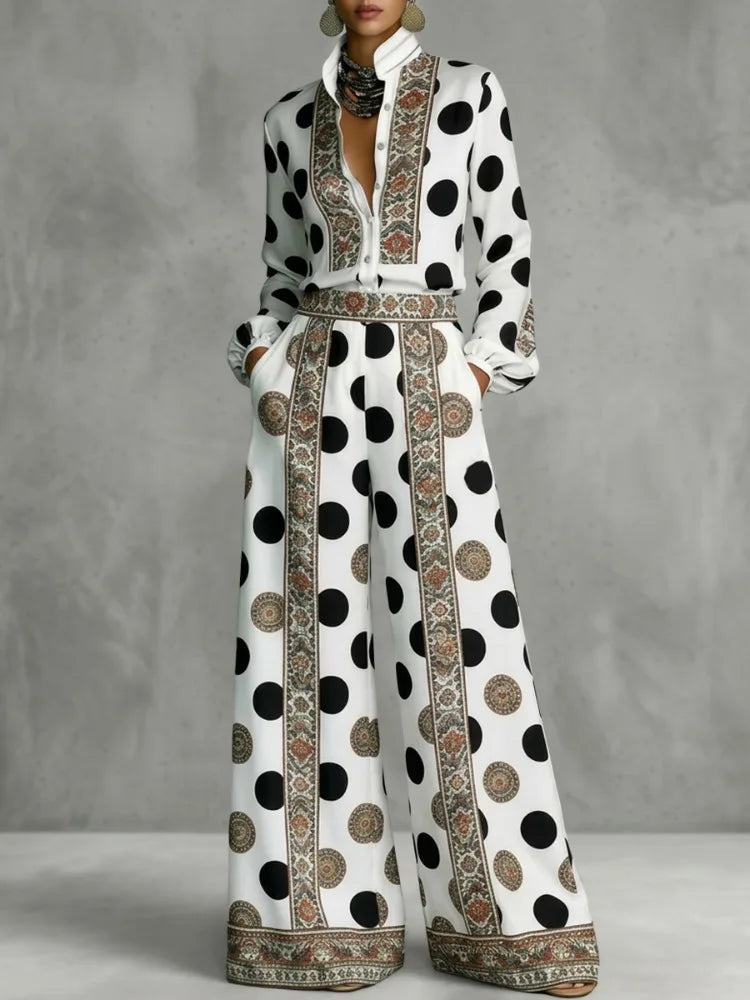 Blouse – Stand Collar – Polyester Fiber – Floral Polka Dot | KIMLUD