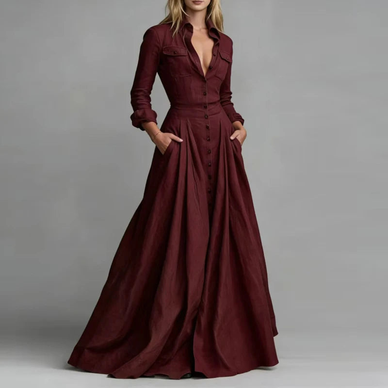 Casual Turn-down Collar Button Maxi Dress Woman Elegant Solid High Waist Swing Long Dresses Autumn Long Sleeve Pocket Boho Dress