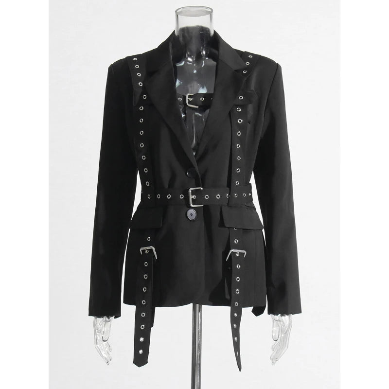 Women's Solid Color Temperament Suit Jacket 2025 Autumn Notched Single Breated Belted Slim Biker Motor Style Casual Blazer