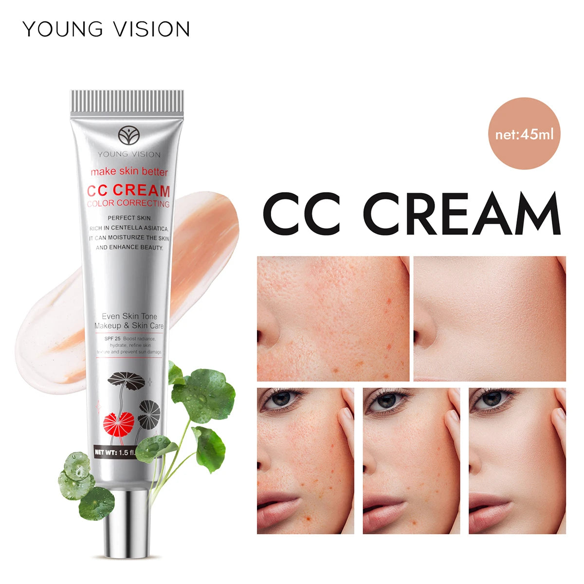 YOUNG VISION 2 Color Brightening CC Cream with Drop Puff for easy use as a makeup base and barrier cream.