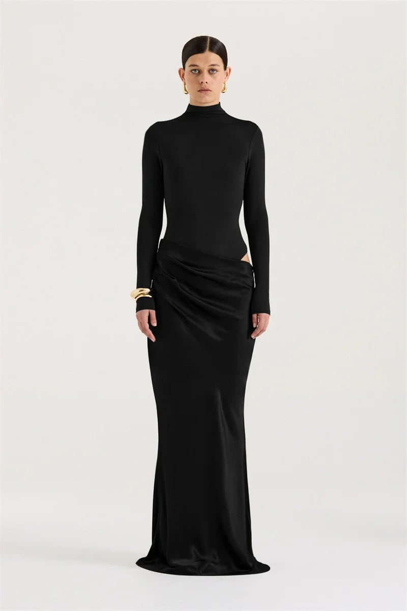 Mozision Autumn Long Sleeve Sexy Maxi Dress Women Fashion Hollow Out Turtleneck Ruched Bodycon Club Party Long Dresses Female