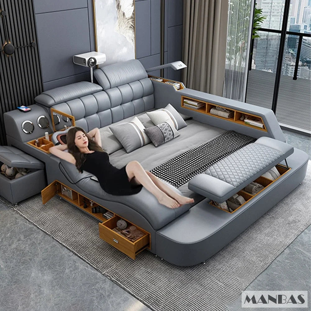 Genuine Leather King-Size Bed With USB Massage — Graphite Gray | KIMLUD