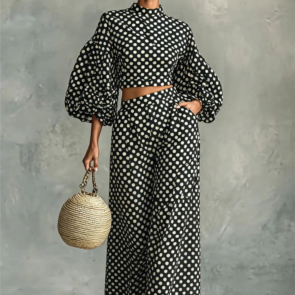 Two-Piece Polka Dot Trousers Suit – Wide-Leg – Synthetic Fiber | KIMLUD
