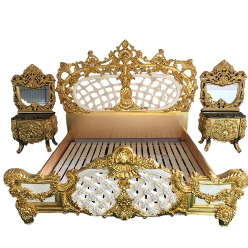 European Double Bed Ornate Upholstered Frame With Subtle Couture Detailing And Regal Silhouette — Antique Gold | KIMLUD
