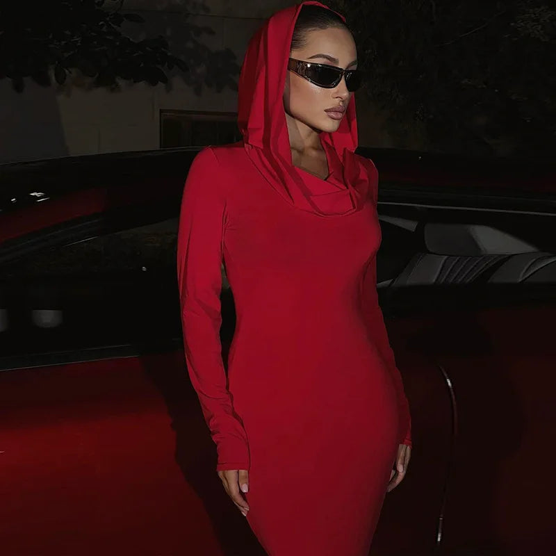Hooded Long-Sleeve Dress – Slim Silhouette – Polyester | KIMLUD