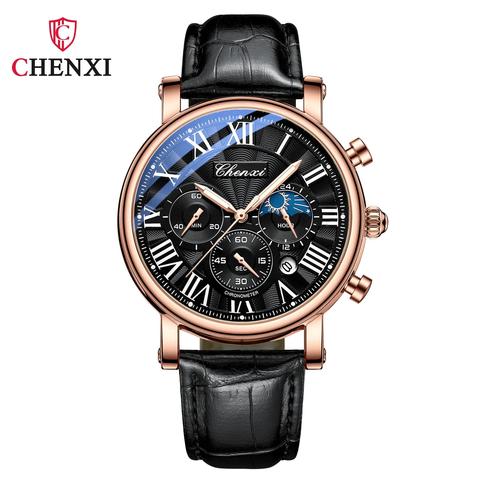 Leather Multi-Function MoonPhase Wristwatch — Black | KIMLUD