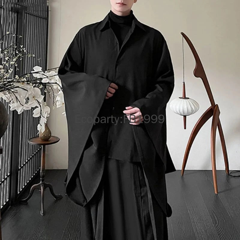 Men Hanfu Shirt – Black Lapel Flare Long Sleeve Gothic – Polyester – Black | KIMLUD