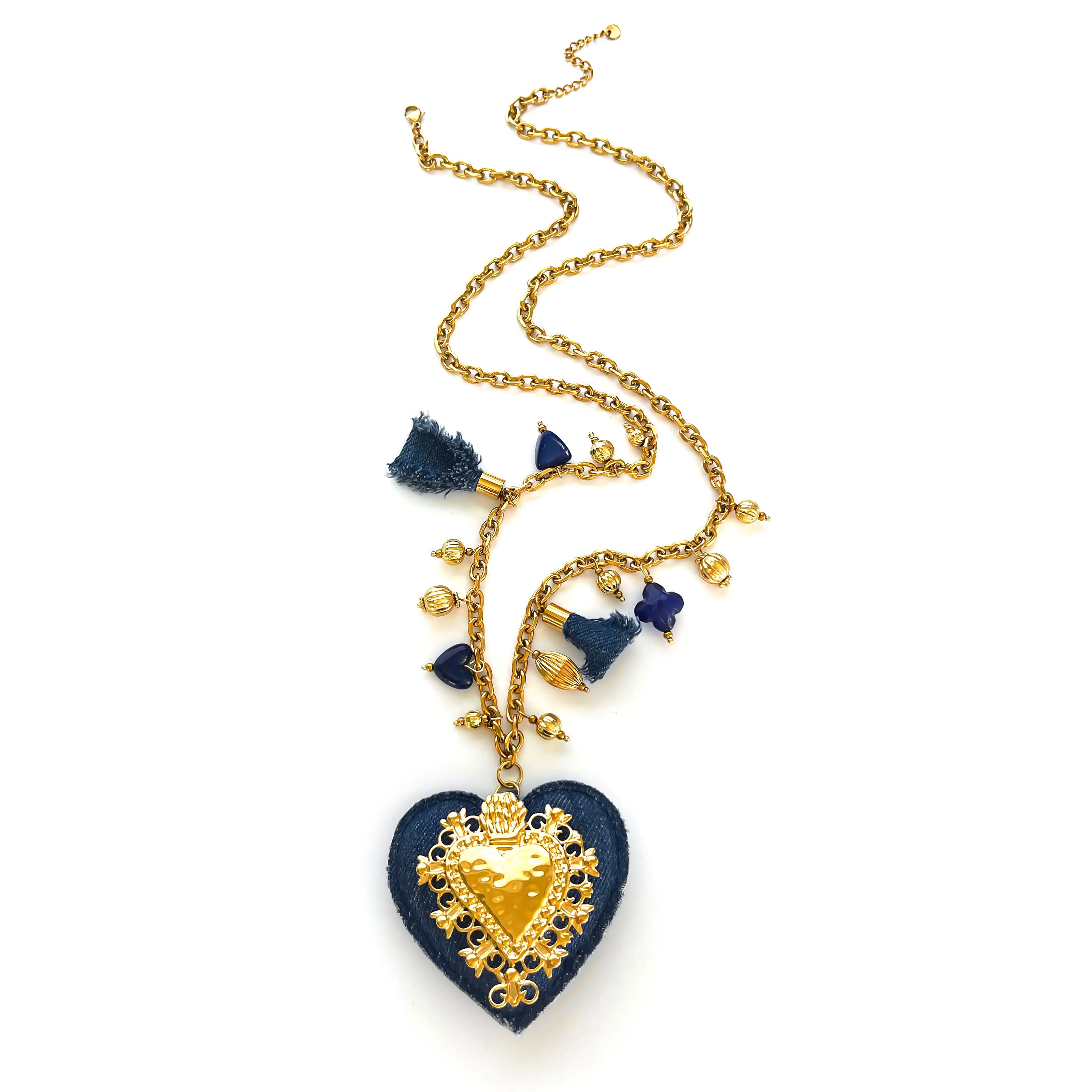 Heart Tassel Acrylic Pendant Necklaces Chain — Blue Denim | KIMLUD