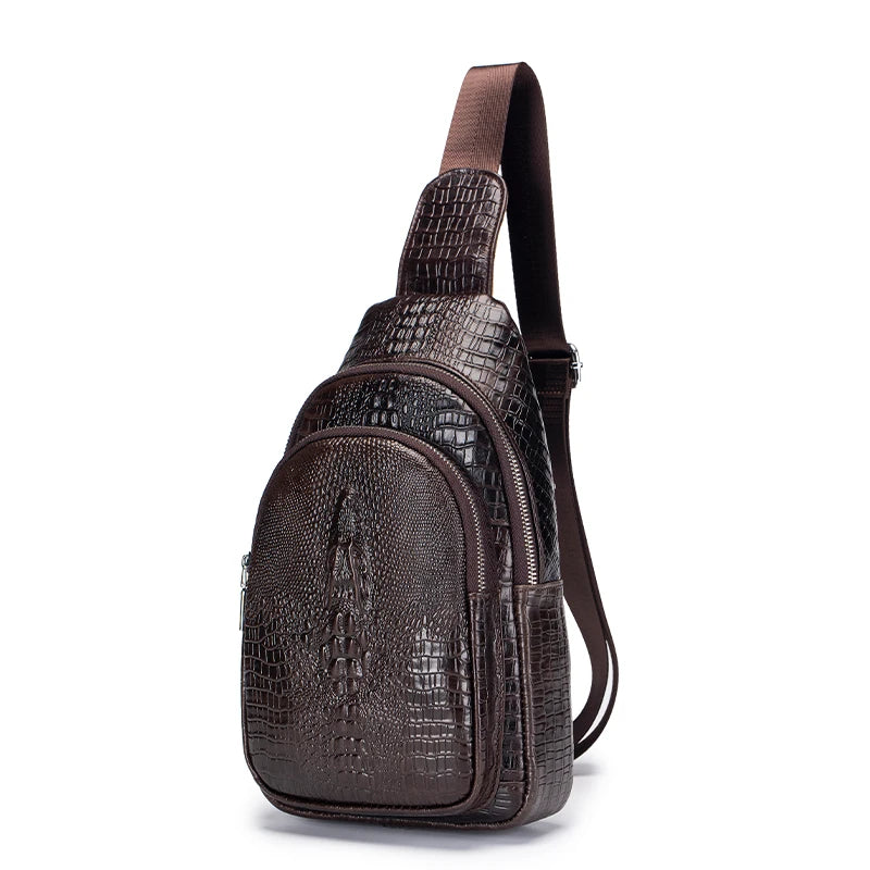Genuine Leather Crossbody Bag Vintage Crocodile Pattern — Cognac | KIMLUD