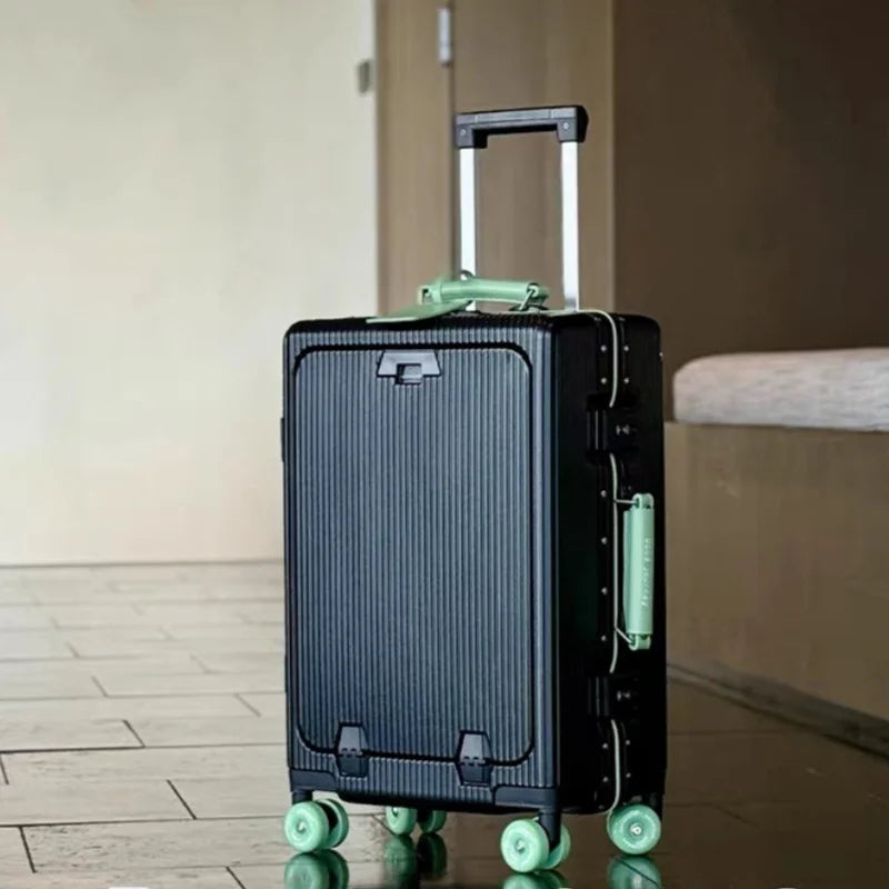 Aluminum Front-Opening Carry-On Luggage — Deep Navy With Mint Accents | KIMLUD
