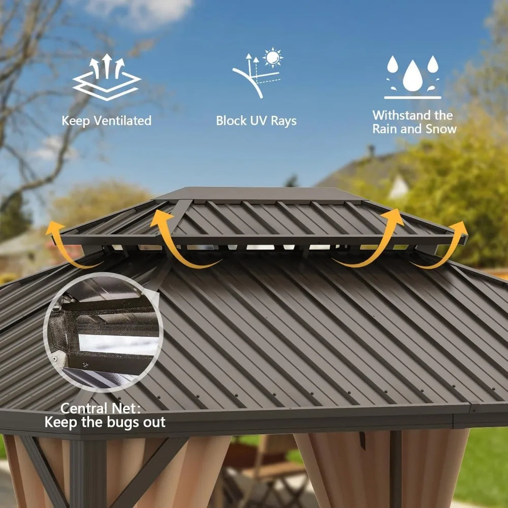 Galvanized Steel Outdoor Double Roof Gazebo — Brown | KIMLUD