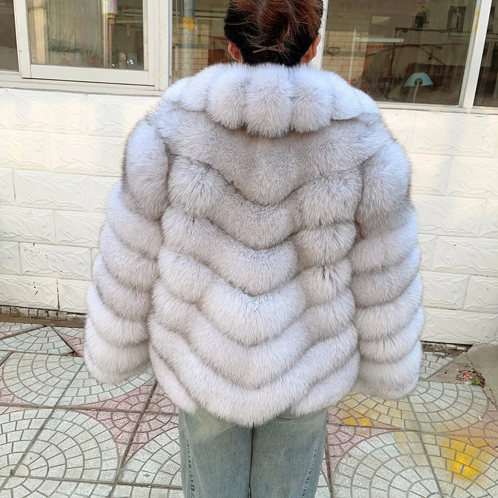 QUEENTINA Winter New Women's Real Fox Fur Coat With Collar Overcoat Leather Female Natural Plus Size
