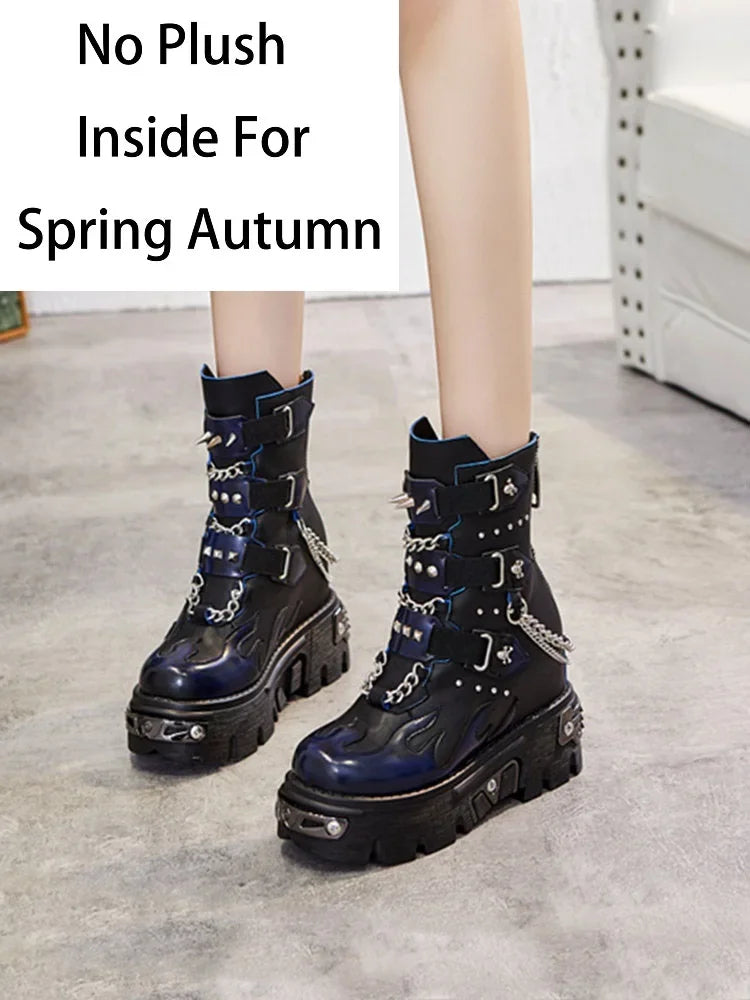 Women's Genuine Leather Motorcycle Boots Rivet Metal Chain Buckle Belt Short Punk Mid-calf Boots Winter Lady Platform Chunky