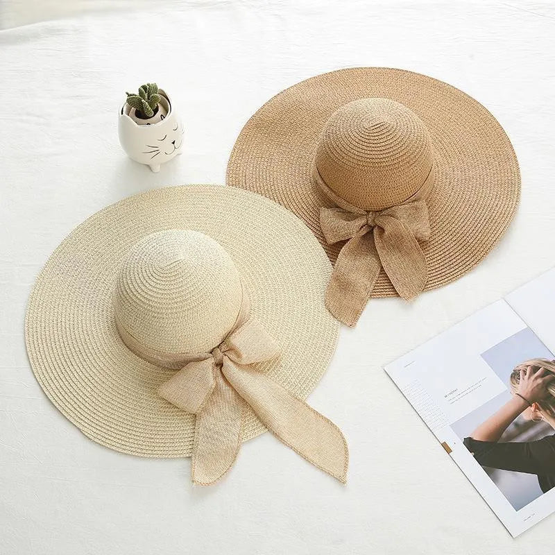 Straw Bow Hat Large Brim Sun Protective — Natural | KIMLUD