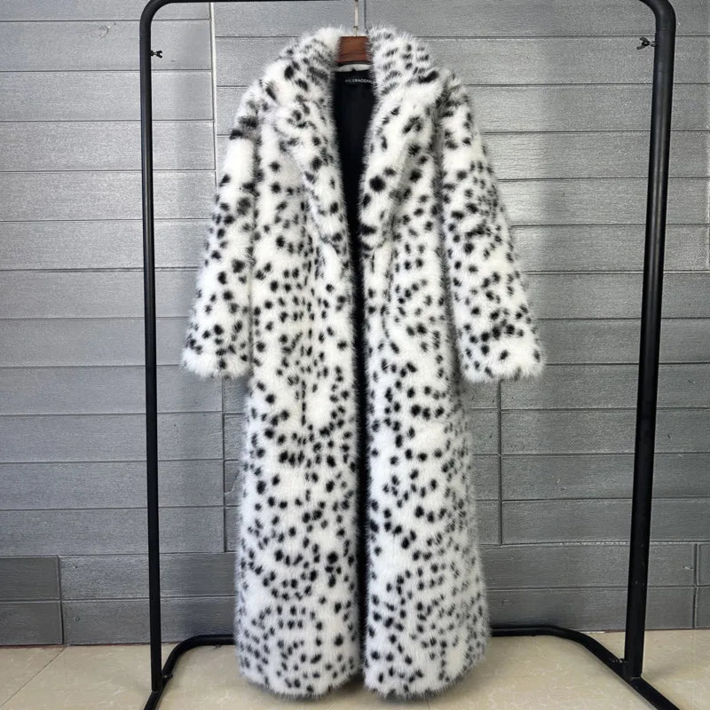 Coat – Leopard Print Faux Fox Fur – Winter Long Style – White | KIMLUD