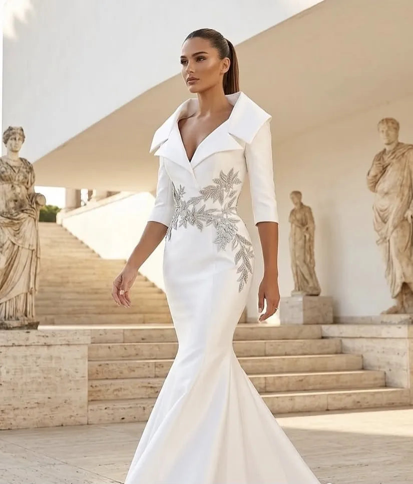 Gorgeous Dubai Prom Dress Beaded Custom Made Prom Gowns Mermaid Turn Down Collar Long Prom Dresses with Sleeves High Couture