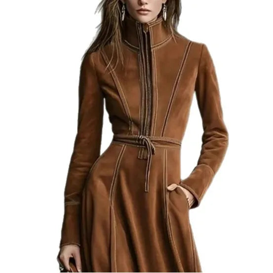 Elegant Vintage Suede Long A- Line Skirt with Belt And Zipper High Waist Travel Business Casual Party Streetwear Daily Dress
