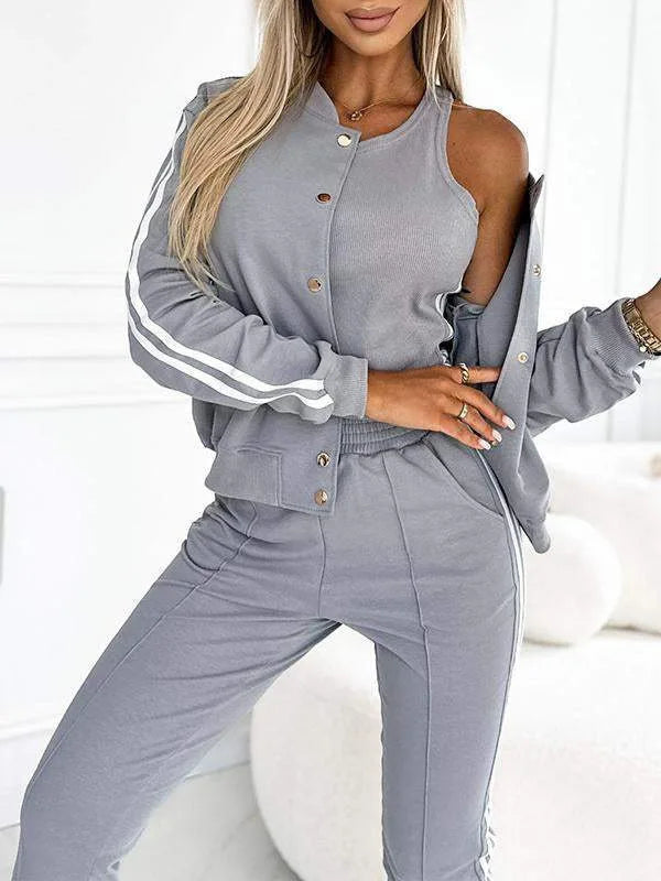 Autumn Three-Piece Set Women's Suit Striped Tape Patch Buttoned Jacket + Tank Top + Pants Sets Lady Sportswear Casual Tracksuits
