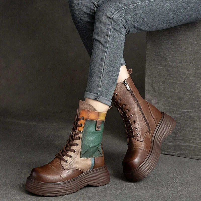 KIMLUD, GKTINOO Handmade Boots Women Genuine Leather Round Toe Lace-up Zipper Platform Thick-soled Mid-calf Boots Retro Zapatos Mujer, KIMLUD Womens Clothes