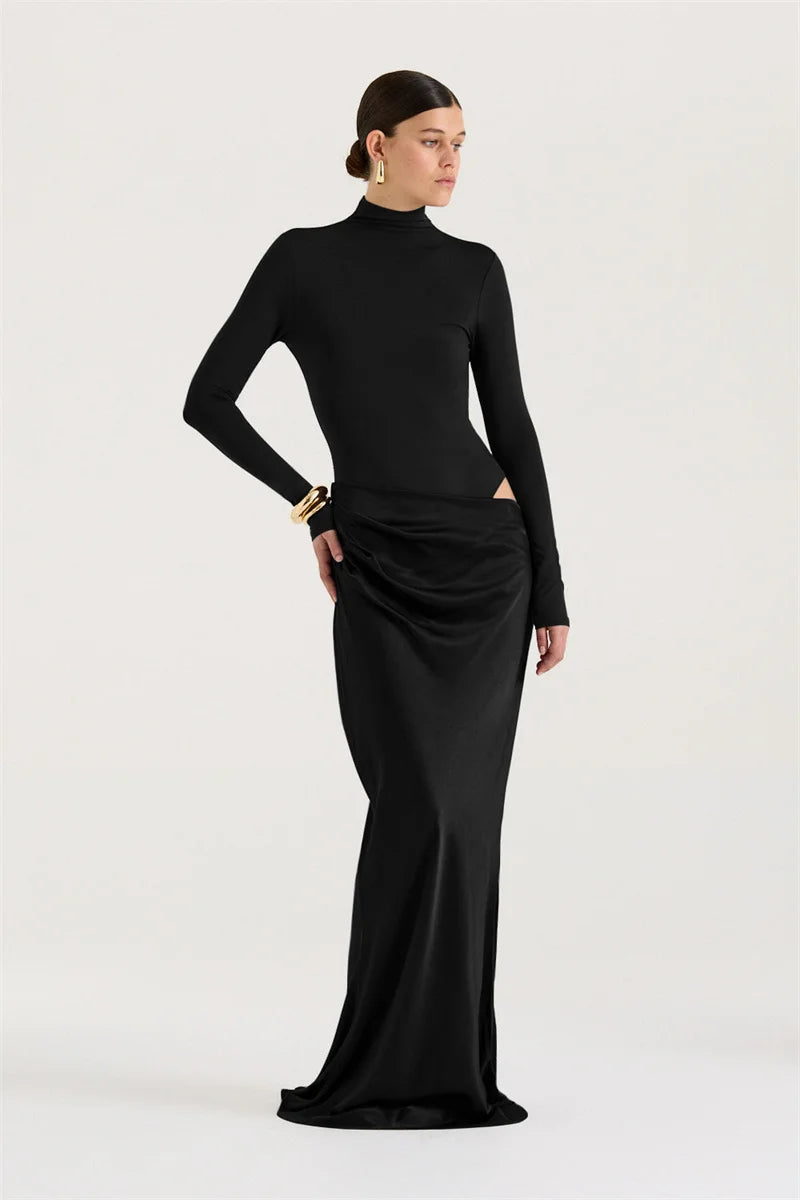 Mozision Autumn Long Sleeve Sexy Maxi Dress Women Fashion Hollow Out Turtleneck Ruched Bodycon Club Party Long Dresses Female