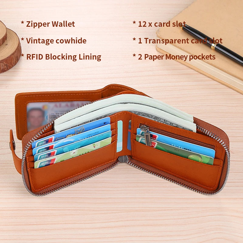 Wallet – Cowhide Leather Anti-Theft – Zipper Wallet 2 Cash Slots | KIMLUD