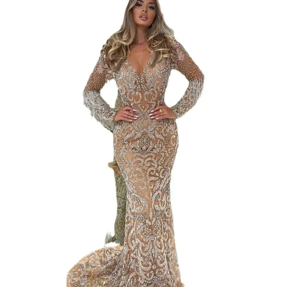KIMLUD, 2025 New Spring Cross-Border Women's Evening Dress Long Sexy Elegant Fringed Gold-Sprinkled Mermaid Gown For Wedding, KIMLUD Womens Clothes