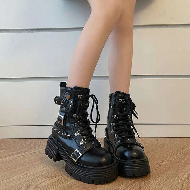 KIMLUD, 2024 NEW Punk Style Women Boots Lace-up heel height Platform Shoes Woman Gothic Ankle Rock Boots Metal Decor Woman Sneakers, KIMLUD Womens Clothes