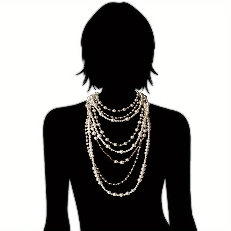 Pearl-Chain Necklace Long Layered Statement — White | KIMLUD