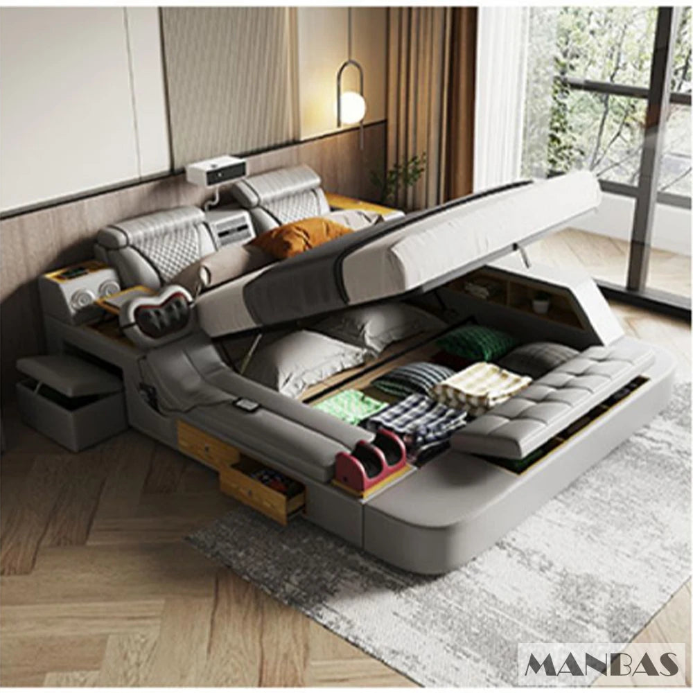 MANBAS Tech Smart Bed - the Ultimate Multifunctional Bedframe with Genuine Leather, Massage, Speaker, Projector, Air Purifier