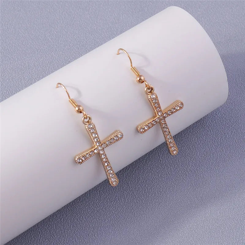 Silver-Tone Cross Earrings Zircon Crystal Dangle — Silver | KIMLUD