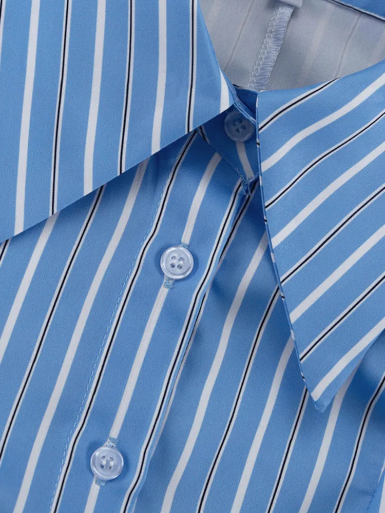 Polyester Striped Blouse Pointed Collar Long Sleeve — Blue Pinstripe | KIMLUD
