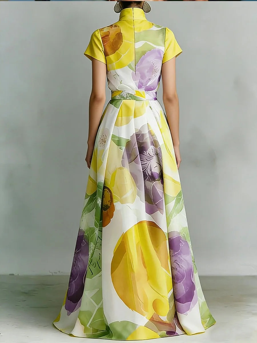 Maxi Dress – Floral Print – Polyester – Deep V-Neck | KIMLUD