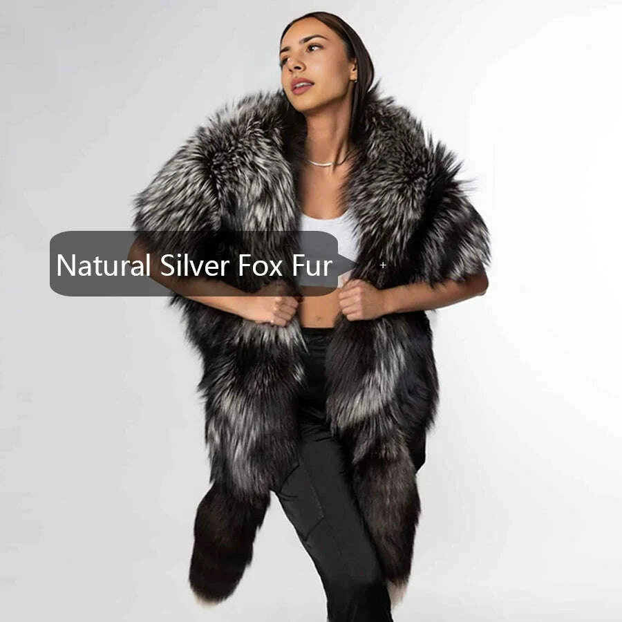 KIMLUD, Real Silver Fox Fur Coat For Women Real Long Fox Fur Cape With Tails Real Fox Fur Shawl Best Selling Natural Fur Jacket, KIMLUD Womens Clothes