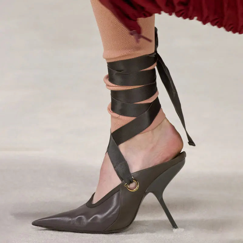 Microfiber Stiletto Ballet Sandals With Delicate Ankle Ribbons For Evening Soirees — Smoky Taupe | KIMLUD