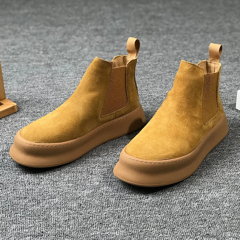 Men Thick Soled Suede Short Boots Retro Autumn Winter Comfortable Fashionable Height Increasing Boots for Casual Young People