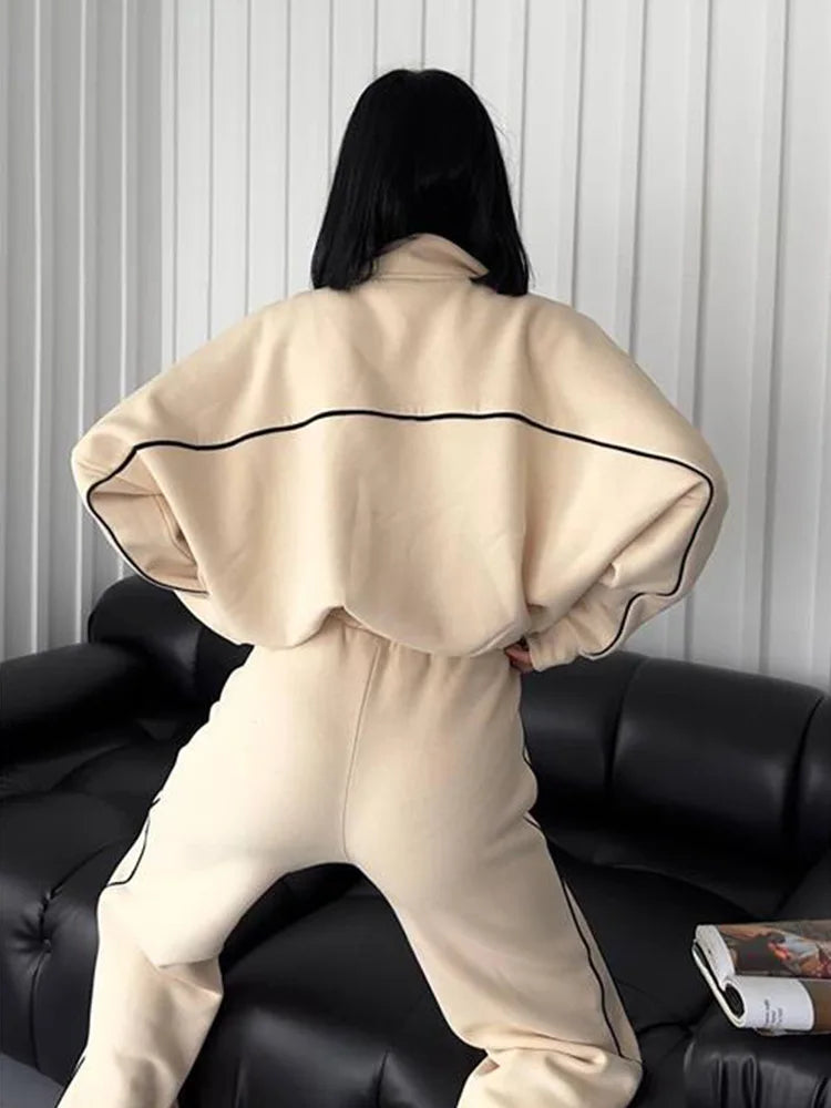 Cotton-Polyester Knit Cardigan Set With Tailored Wide-Leg Trousers — Cream | KIMLUD