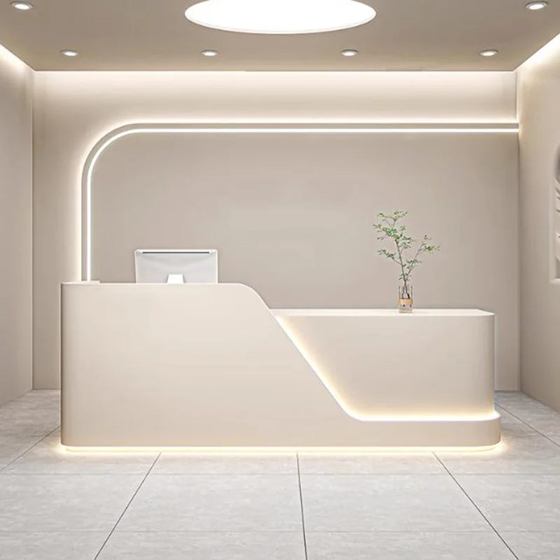 Curved Wood Reception Desk With LED Lights — White | KIMLUD