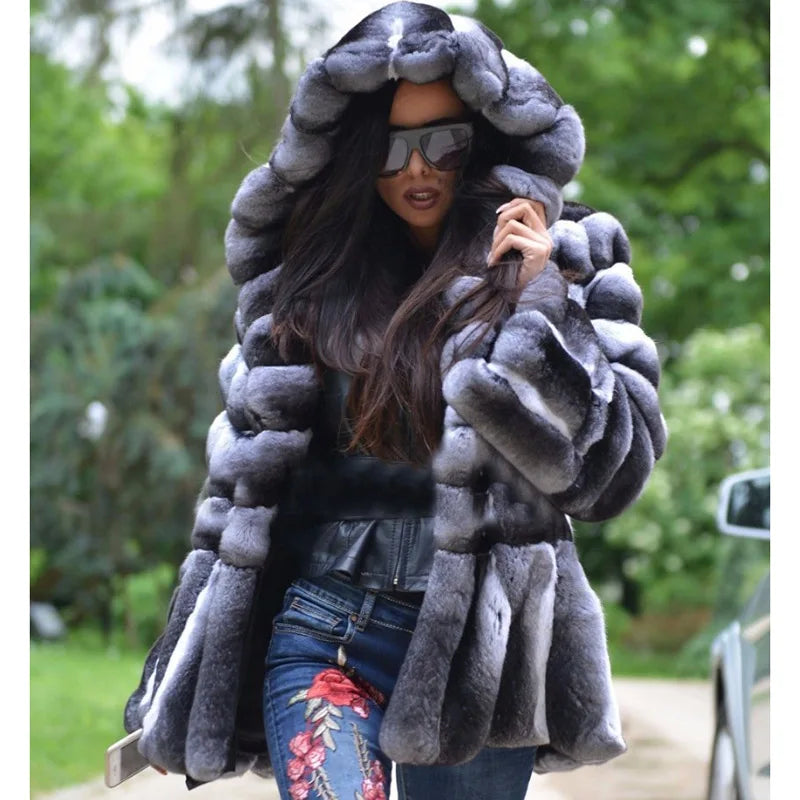 Luxurious Rex Rabbit Fur Solid Coat — Black | KIMLUD