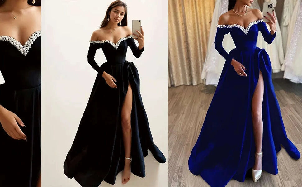 KIMLUD, A-Line Evening Gown Black Dress Formal Masquerade Sweep Train Long Sleeve Off Shoulder Satin Pearls Slit 2025 Free Customized, KIMLUD Womens Clothes