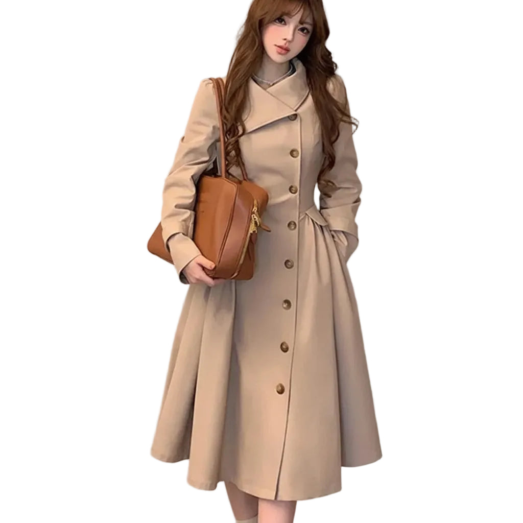 Women Korean Long Trench Coat Waist Defining Single Breasted Elegant Jacket Long Sleeve Spring Fall Pleated Draped Outwear