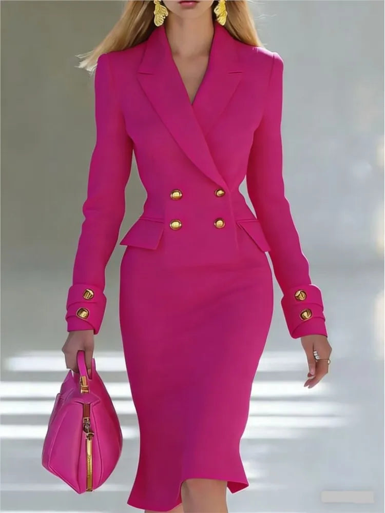 Blazer Dress – V-Neck Double Breasted – Polyester – Slim Fit | KIMLUD