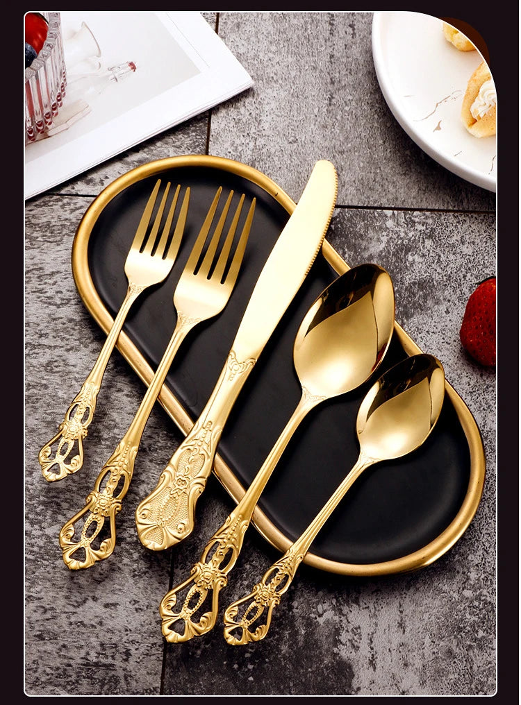 Gold-Plated Stainless Steel Cutlery Set Royal European Spoon Fork Collection — Golden | KIMLUD