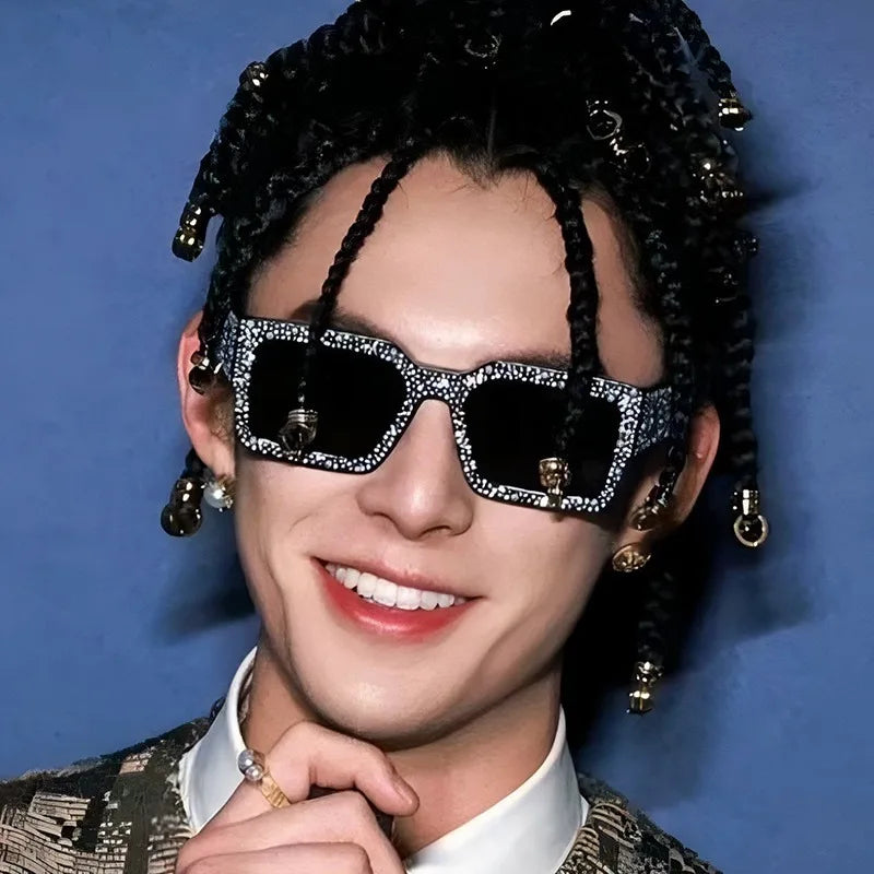 Plastic Diamond-Studded Square Sunglasses — Black | KIMLUD