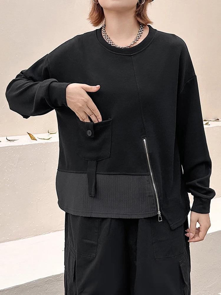 Sweatshirt - Pocket Zipper - Jersey - Black | KIMLUD
