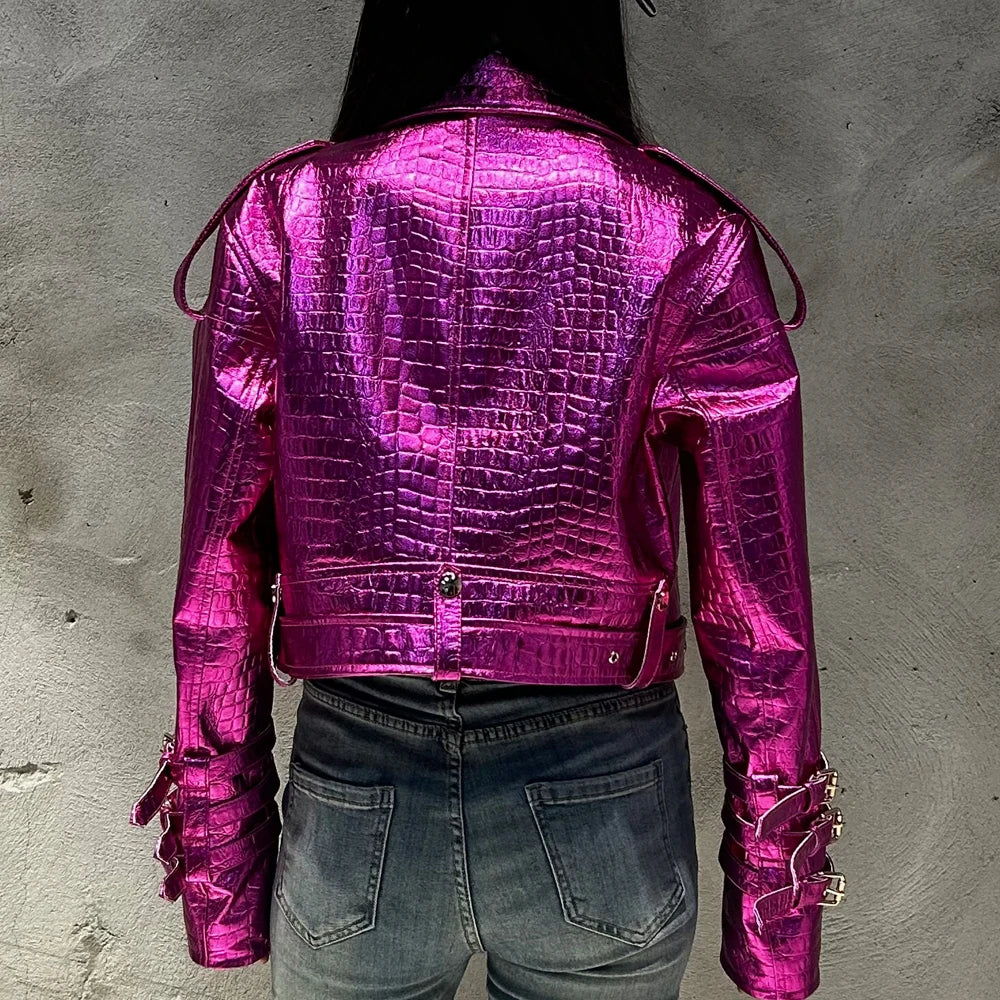 Shiny Blue Women Leather Jacket Real Lambskin Leather Cloth Streetwear Leather Jackets