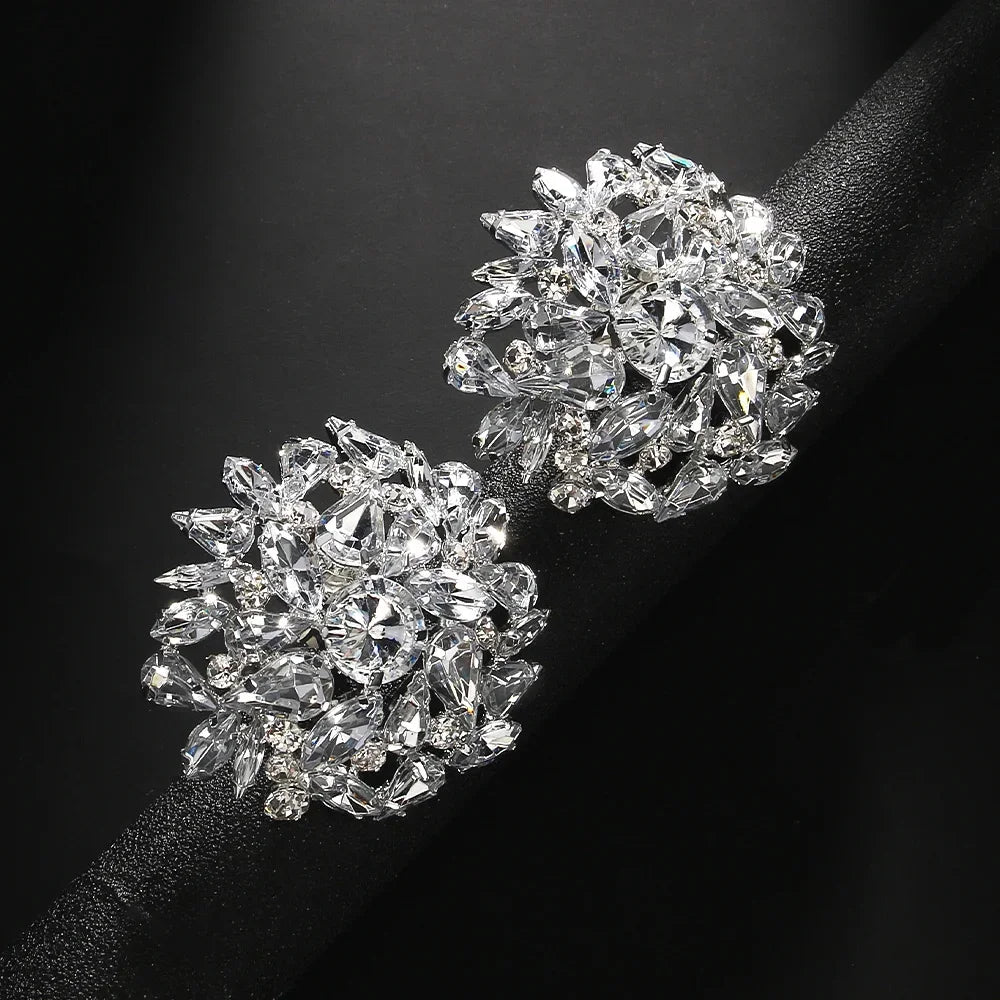 Round Geometric Rhinestone Clip Earrings Wedding Bling — Gold | KIMLUD