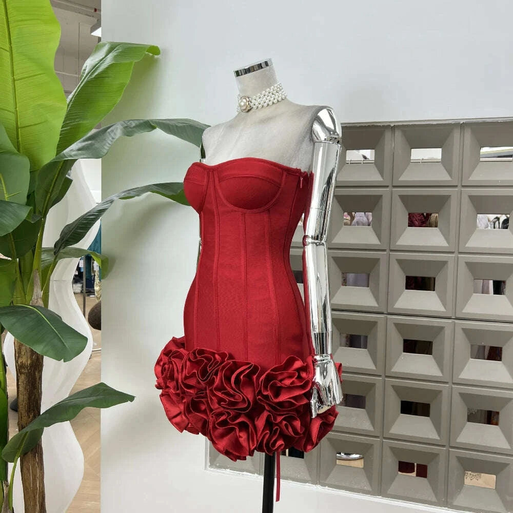 KIMLUD, Sexy Strapless Bodycon Dresses for Women 3D Floral Fashion Party Evening Club Bandage Dress Formal Elegant Slim Birthday Gowns, KIMLUD Womens Clothes